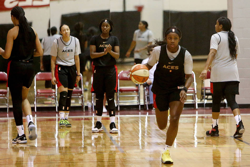 Jackie Young during the first training camp of the season at Cox Pavilion in Las Vegas, Sunday, ...