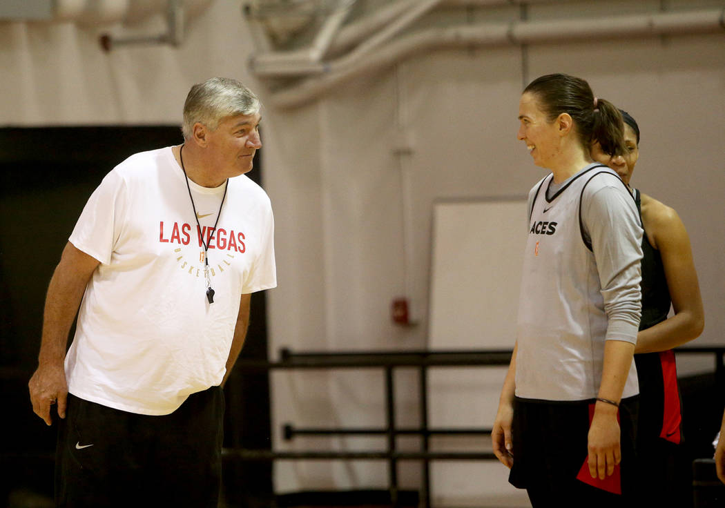 Las Vegas Aces Coach Bill Laimbeer jokes with Ruth Hamblin during the first training camp of th ...