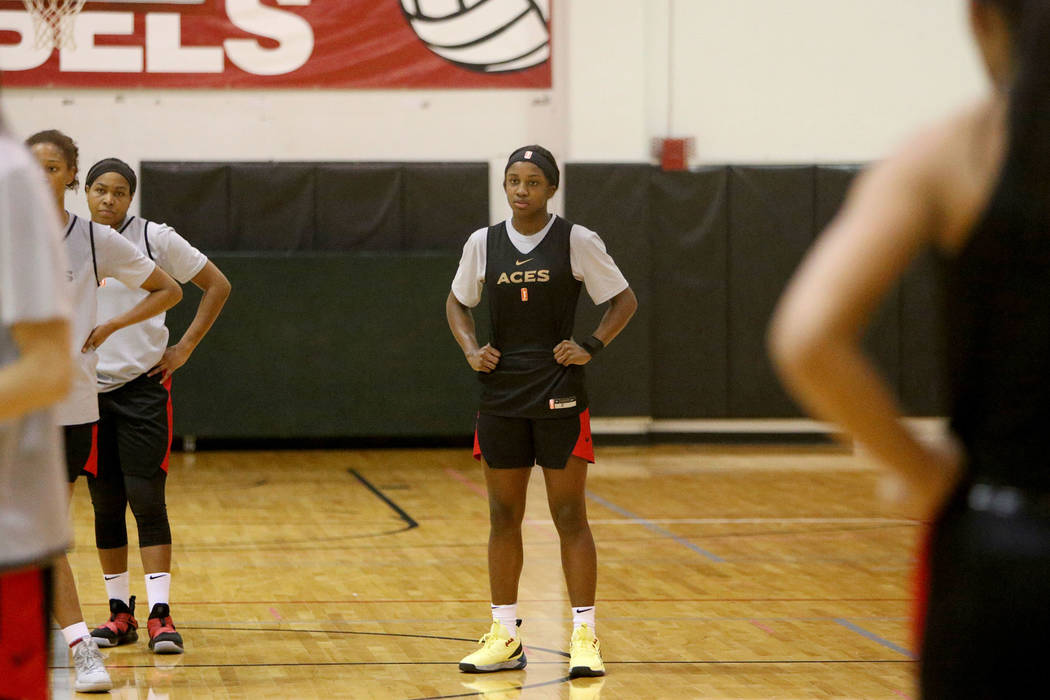 Jackie Young during the first training camp of the season at Cox Pavilion in Las Vegas, Sunday, ...