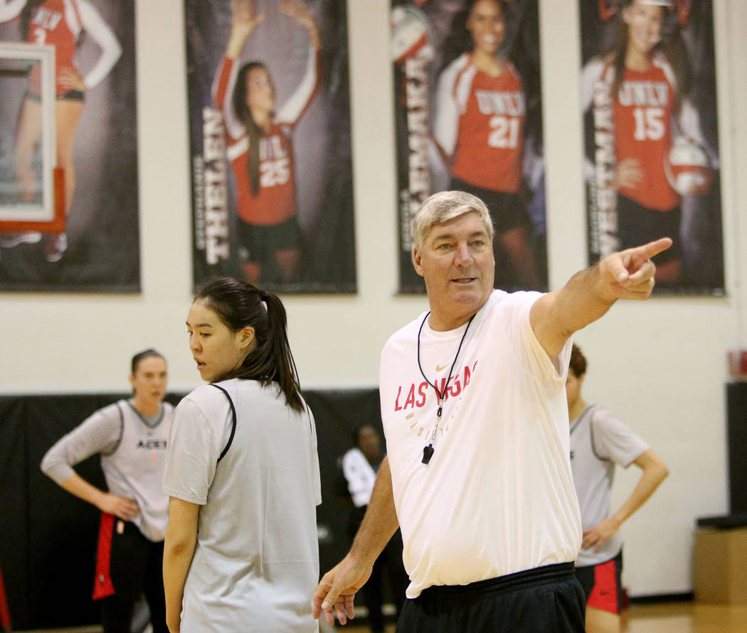 Las Vegas Aces Coach Bill Laimbeer leads practice during the first training camp of the season ...