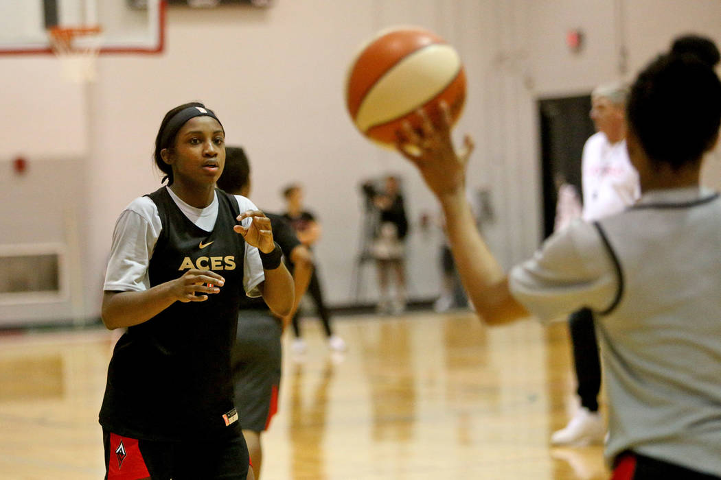 Jackie Young during the first training camp of the season at Cox Pavilion in Las Vegas, Sunday, ...