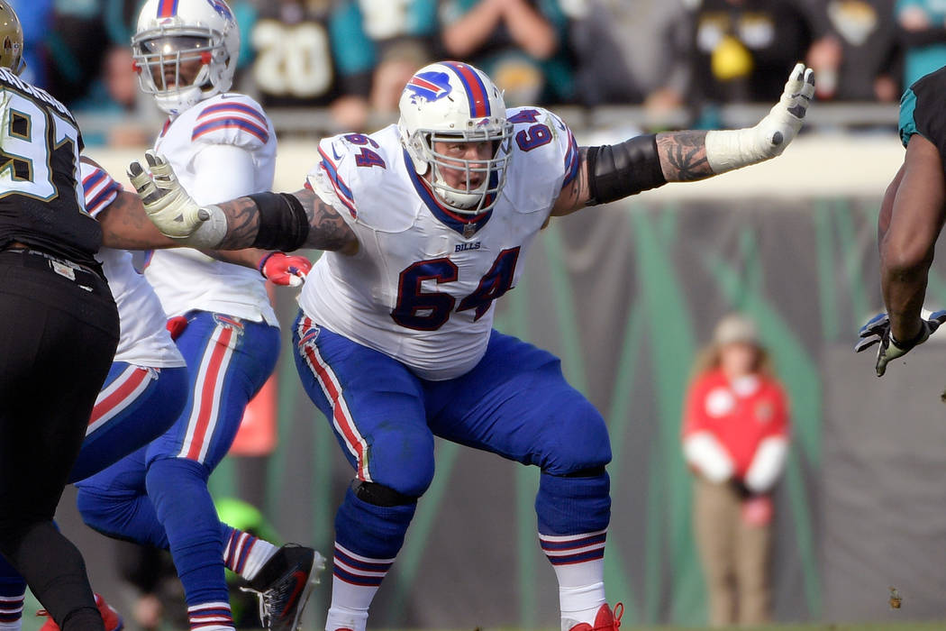 In this Jan. 7, 2018, file photo, Buffalo Bills offensive guard Richie Incognito (64) sets up t ...