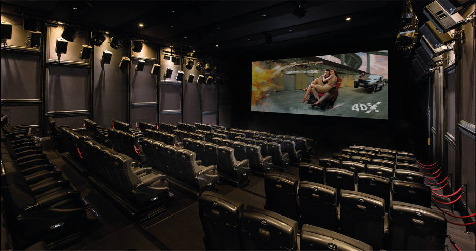Seats in Red Rock Resort's 4DX movie theater come four to a pod and move as one as they pitch, ...