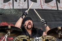 In this Oct. 1, 2016, file photo, Vinnie Paul of HELLYEAH performs at the Louder Than Life Fest ...