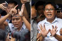 FILE - In this Sept. 3, 2018, combination file photo, Reuters journalists Kyaw Soe Oo, left, an ...