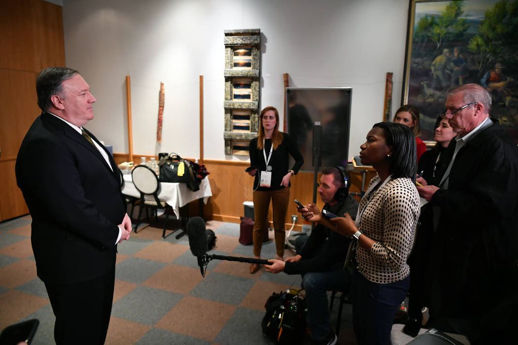 Secretary of State Mike Pompeo talks to the media on the sidelines of the Arctic Council minist ...