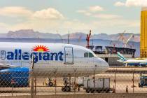 A Las Vegas-based Allegiant Air plane sitting on the tarmac at McCarran International Airport w ...