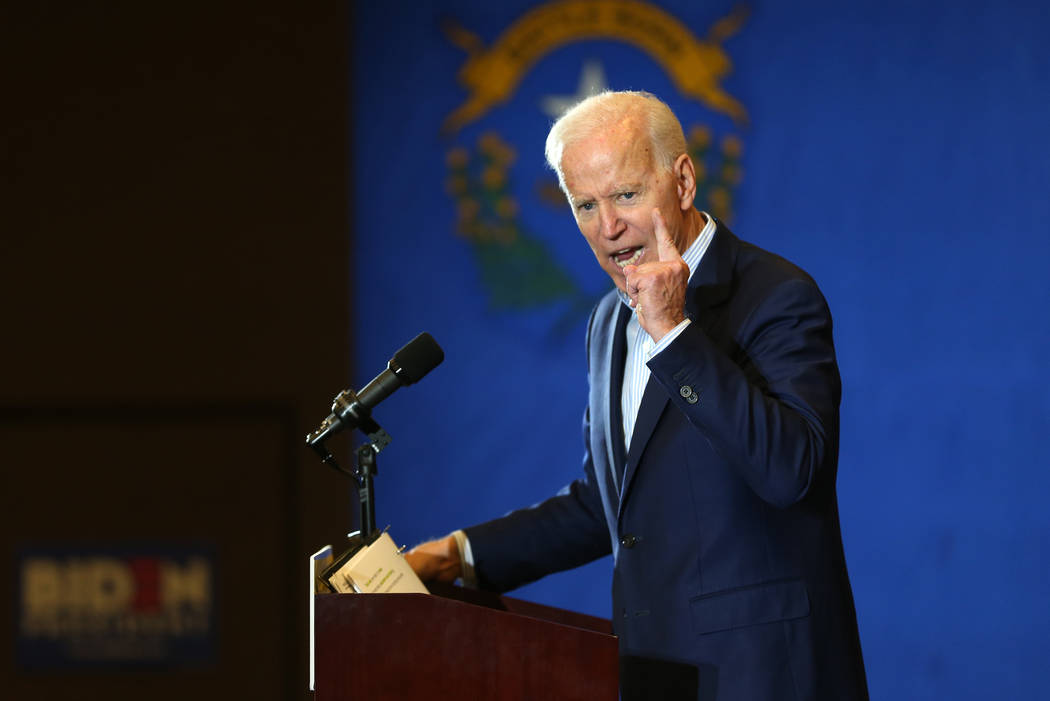 Democratic presidential candidate Joe Biden speaks during a campaign stop at the International ...