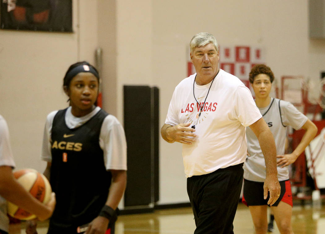 Las Vegas Aces Coach Bill Laimbeer leads practice during the first training camp of the season ...