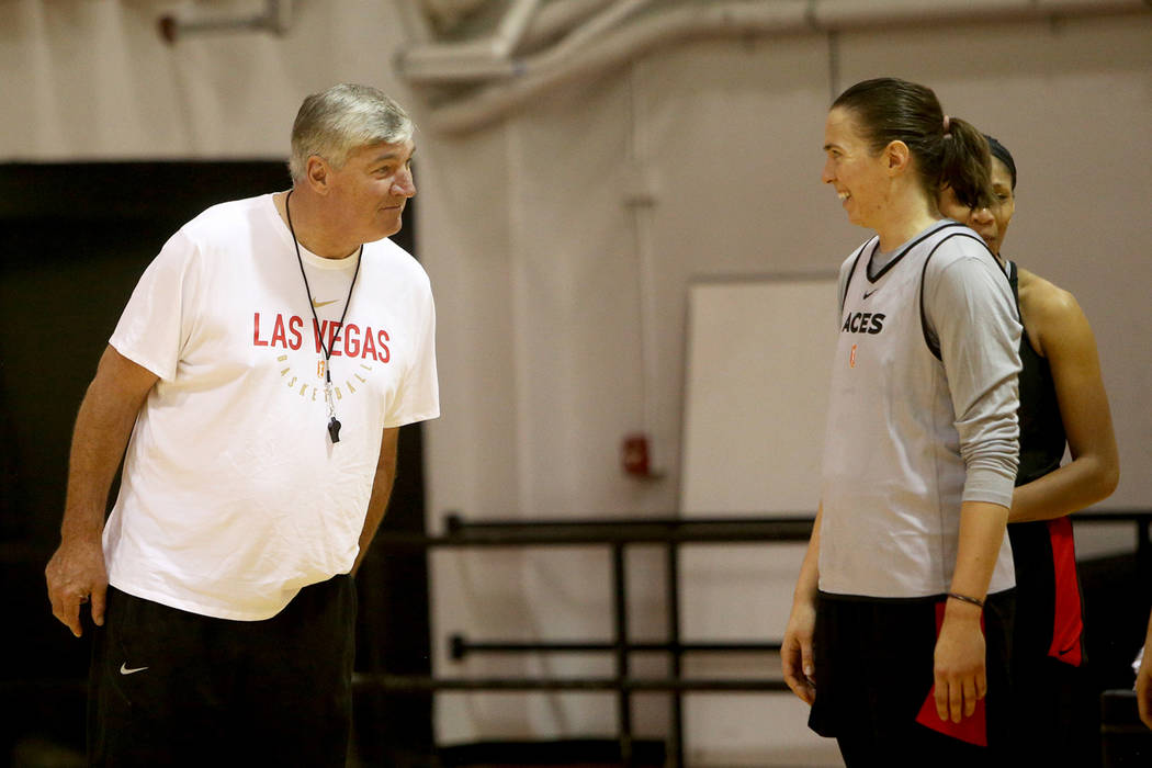 Las Vegas Aces Coach Bill Laimbeer jokes with Ruth Hamblin during the first training camp of th ...