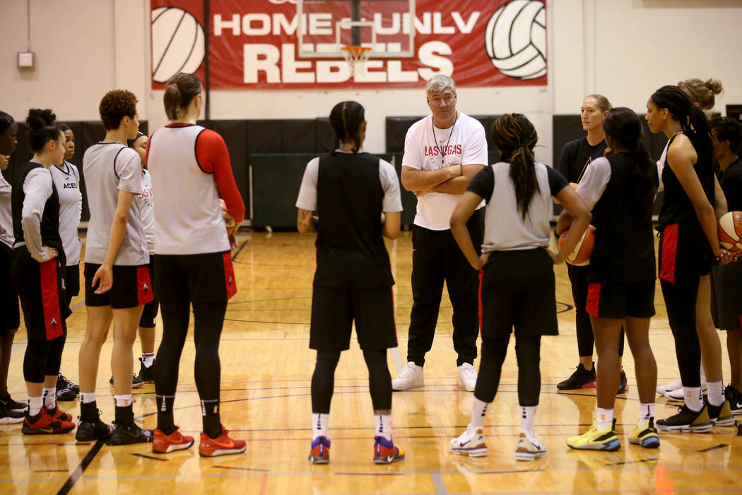 Aces coach Bill Laimbeer talks to his players during practice at Cox Pavilion in Las Vegas Wedn ...