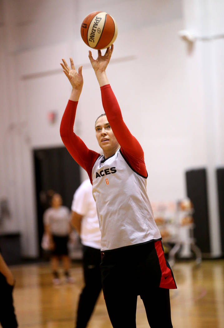 Aces center Ruth Hamblin runs a drill during practice at Cox Pavilion in Las Vegas Wednesday, M ...