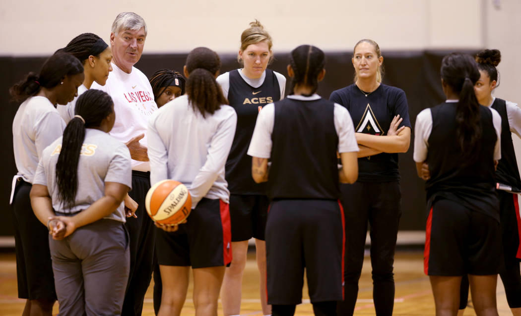 Aces coach Bill Laimbeer talks to his players during practice at Cox Pavilion in Las Vegas Wedn ...