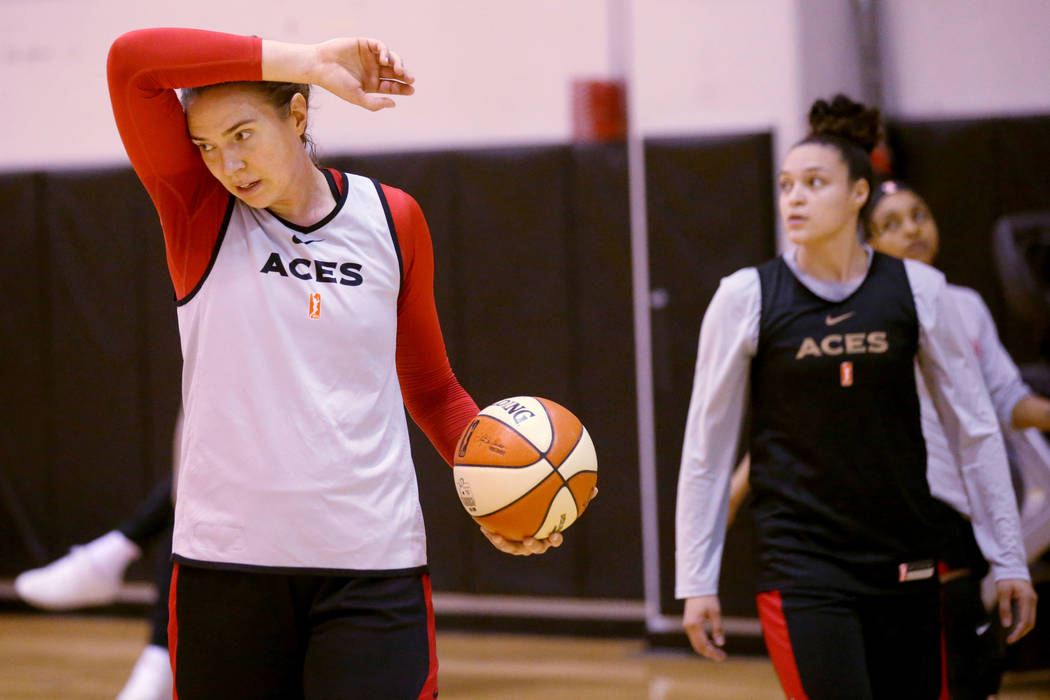 Aces center Ruth Hamblin, left, takes a break with teammate guard Kayla McBride during practice ...