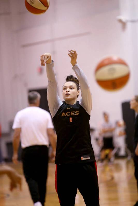 Las Vegas Aces guard Kayla McBride (21) shoots during practice at Cox Pavilion in Las Vegas Wed ...
