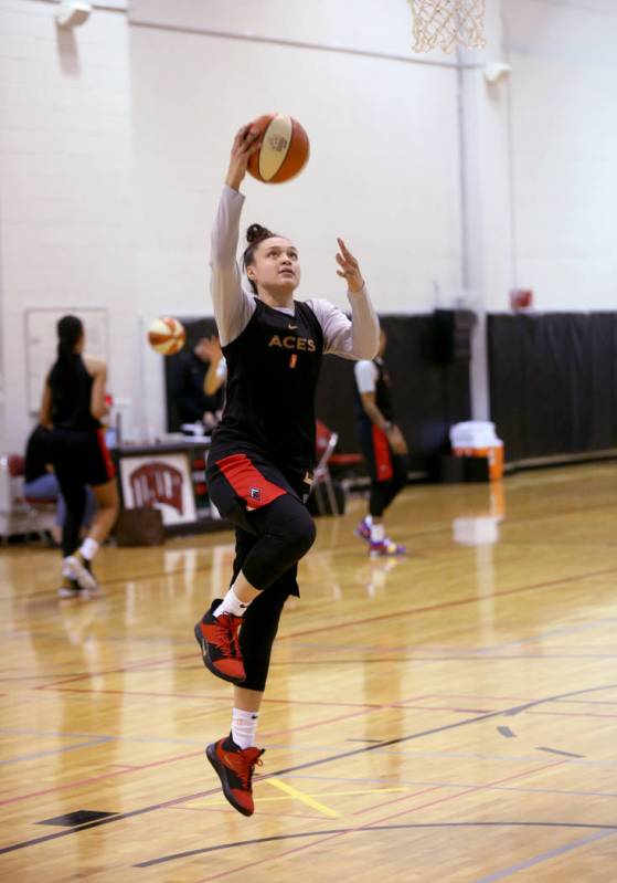 Las Vegas Aces guard Kayla McBride (21) shoots during practice at Cox Pavilion in Las Vegas Wed ...