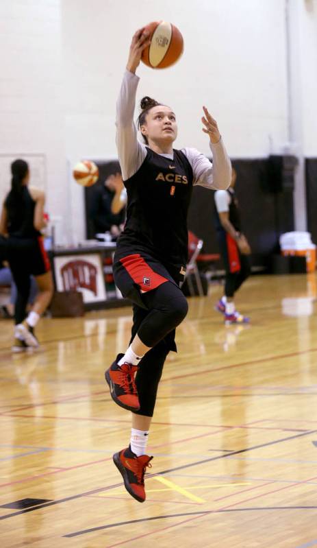 Las Vegas Aces guard Kayla McBride (21) shoots during practice at Cox Pavilion in Las Vegas Wed ...