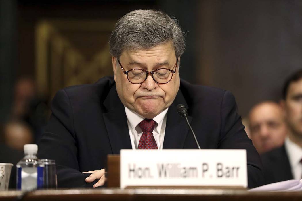 Attorney General William Barr testifies May 1 during a Senate Judiciary Committee hearing on Ca ...