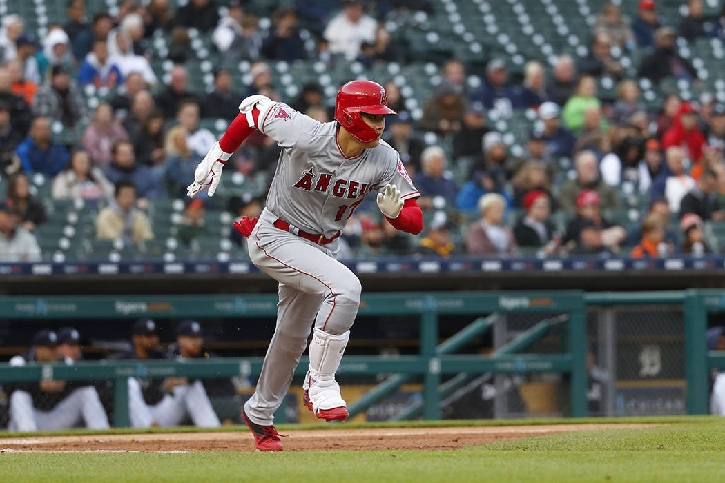 Los Angeles Angels' Shohei Ohtani hits into a ground out in the third inning of a baseball game ...