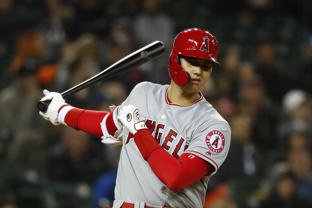 Los Angeles Angels' Shohei Ohtani swings in the ninth inning of a baseball game against the Det ...