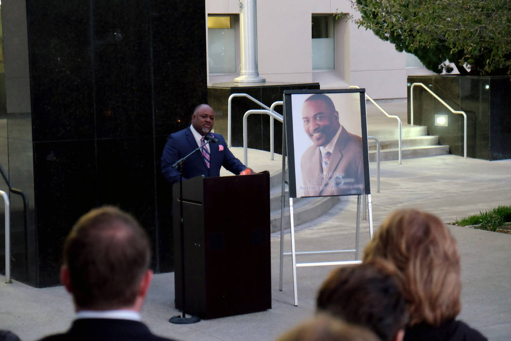 Assembly Speaker Jason Frierson speaks at the candlelight remembrance for North Las Vegas Assem ...