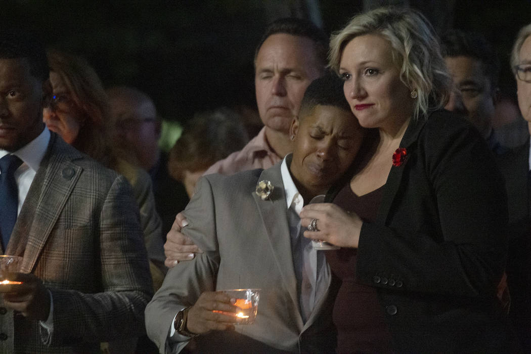 Sen. Dallas Harris, D-Las Vegas, left, and Senate Majority Leader Nicole Cannizzaro, D-Las Vega ...