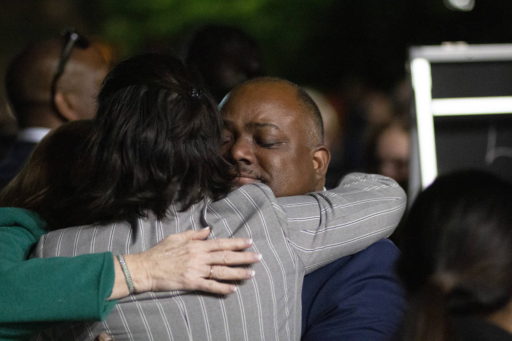 Assembly Speaker Jason Frierson, D-Las Vegas, right, hugs Sen. Yvanna Cancela, D-Las Vegas, lef ...