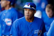 FILE - In this April 24, 2019, file photo, Iowa Cubs shortstop Addison Russell walks in the dug ...