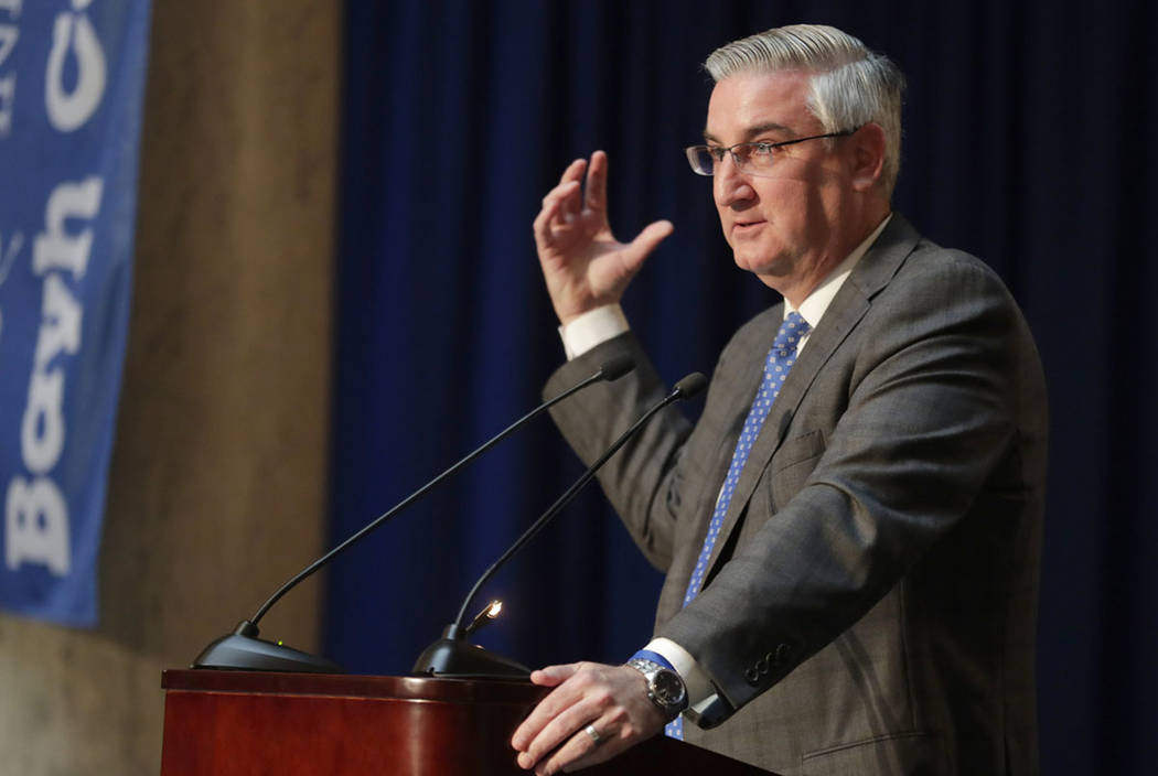 Indiana Governor Eric Holcomb is seen at the Indiana Statehouse in Indianapolis, Wednesday, May ...