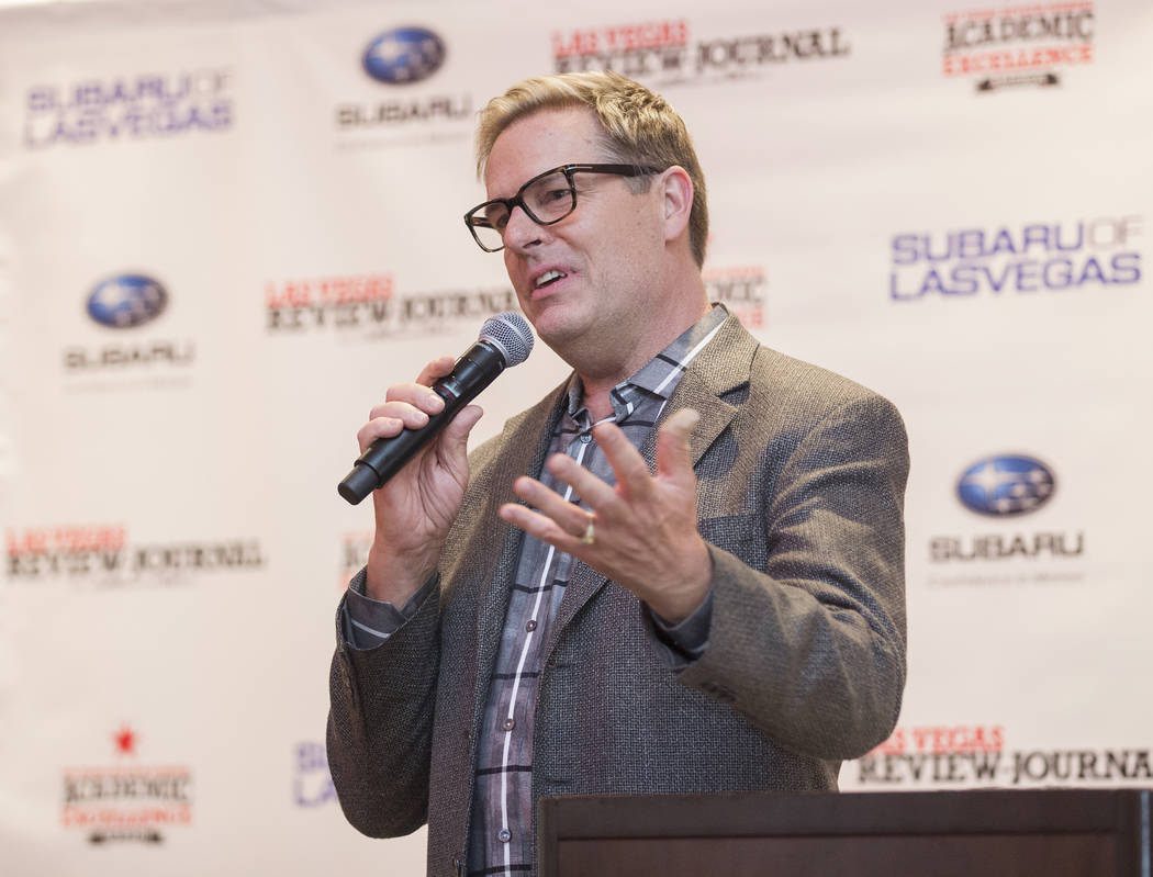 Sponsor Burton Hughes with Subaru of Las Vegas speaks during the Las Vegas Review-Journal's Aca ...