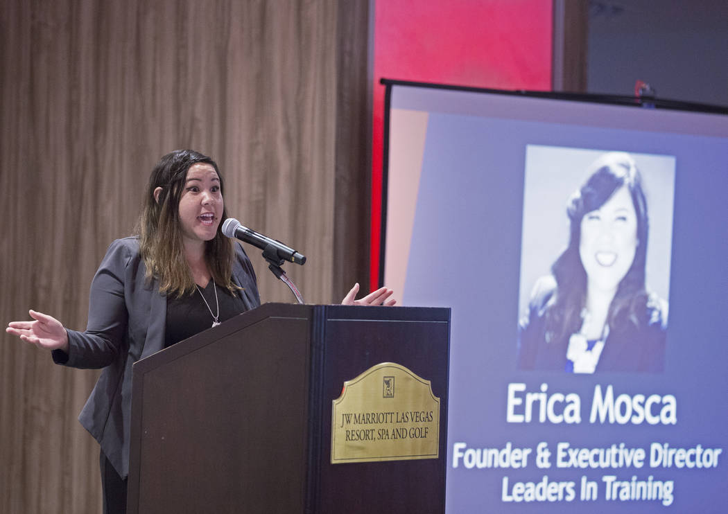 Erica Mosca, founder and executive director of Leaders in Training, speaks during the Las Vegas ...