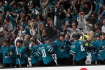 San Jose Sharks players and fans celebrate after Joonas Donskoi scored a goal against the Color ...