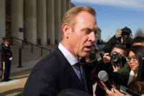 Acting Defense Secretary Pat Shanahan speaks with the media as he waits for the arrival of NATO ...
