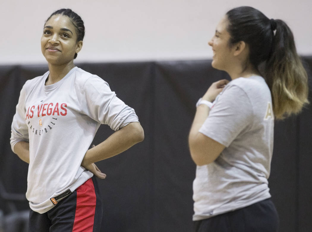 Dominique Wilson, left, cools down after Aces practice on Friday, May 10, 2019, at Cox Pavilion ...