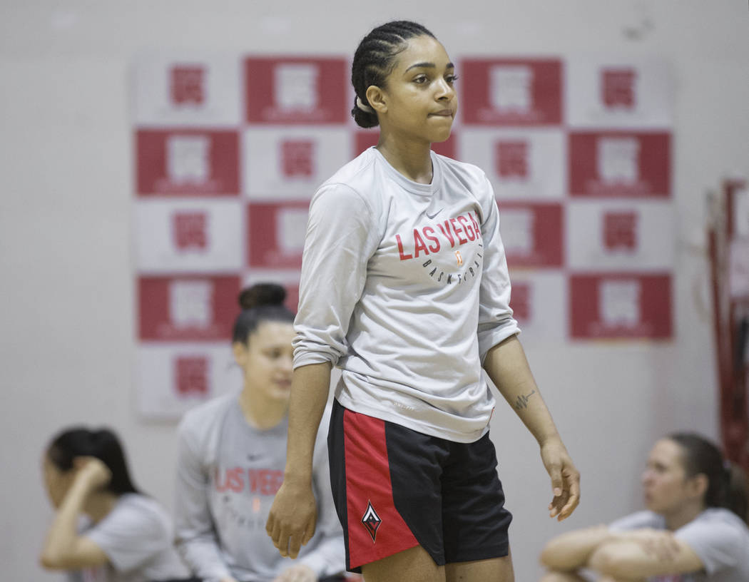 Dominique Wilson, middle, cools down after Aces practice on Friday, May 10, 2019, at Cox Pavili ...