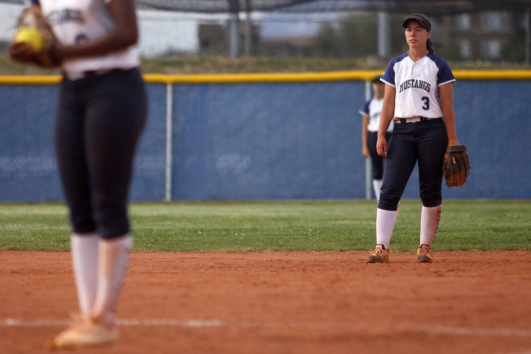 In this Wednesday, May 8, 2019, photo, Shadow Ridge High School's Caitlin Covington (3) waits f ...