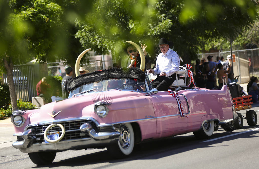 Mayor Carolyn Goodman, left, with husband Oscar Goodman, participate in the Helldorado Parade a ...