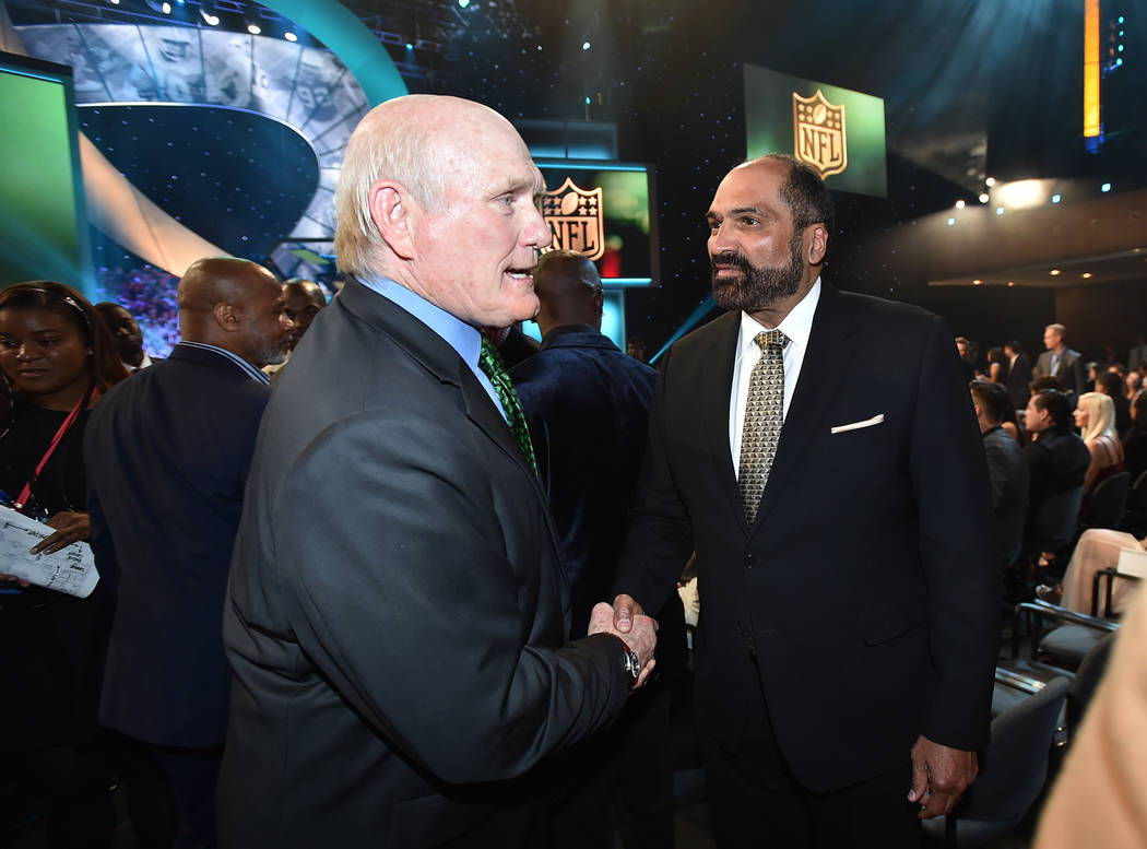 Terry Bradshaw, left, and Franco Harris pose in the audience at the fifth annual NFL Honors at ...