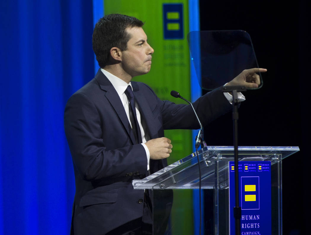 Democratic presidential candidate Pete Buttigieg speaks at the 14th Annual HRC Las Vegas Dinner ...