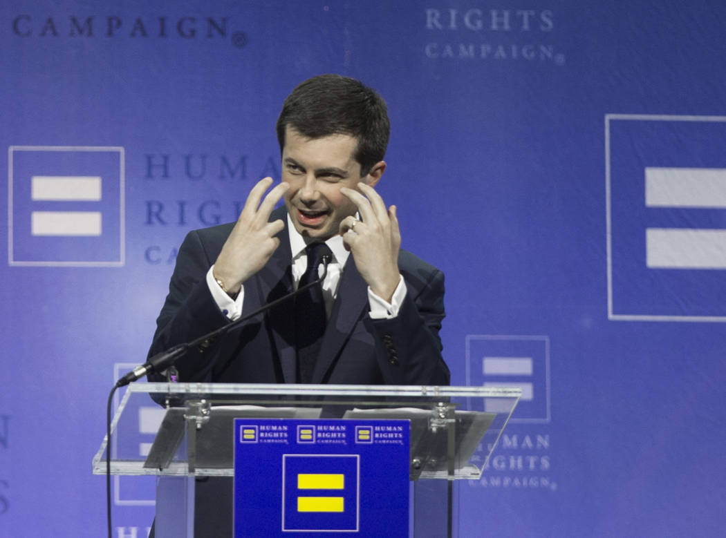 Democratic presidential candidate Pete Buttigieg speaks at the 14th Annual HRC Las Vegas Dinner ...