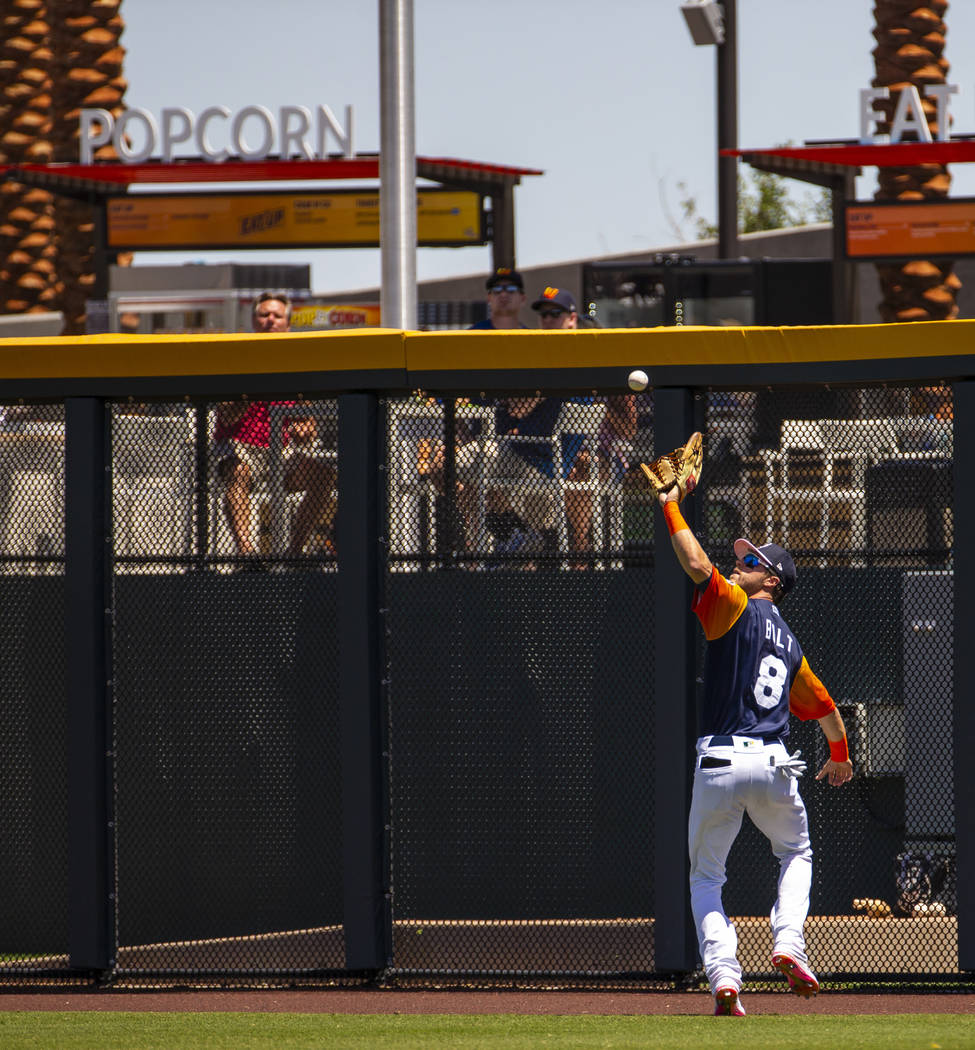 The Aviators Skye Bolt (8) readies to catch a ball deep in right field hit by the Tacoma Rainie ...