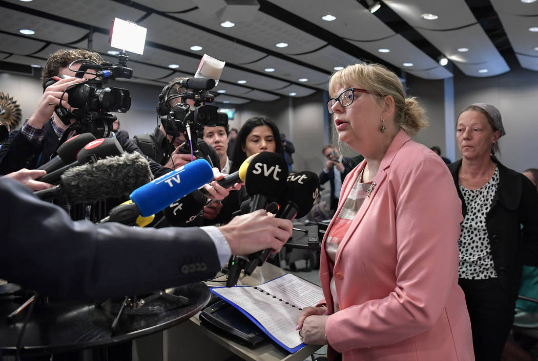 Vice chief prosecutor Eva-Marie Persson speaks at a press conference in Stockholm, Sweden, Mond ...