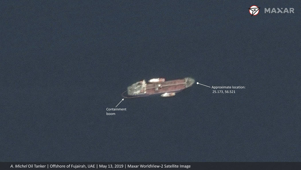 This satellite image provided by Maxar Technologies shows the Emirati-flagged oil tanker A. Mic ...