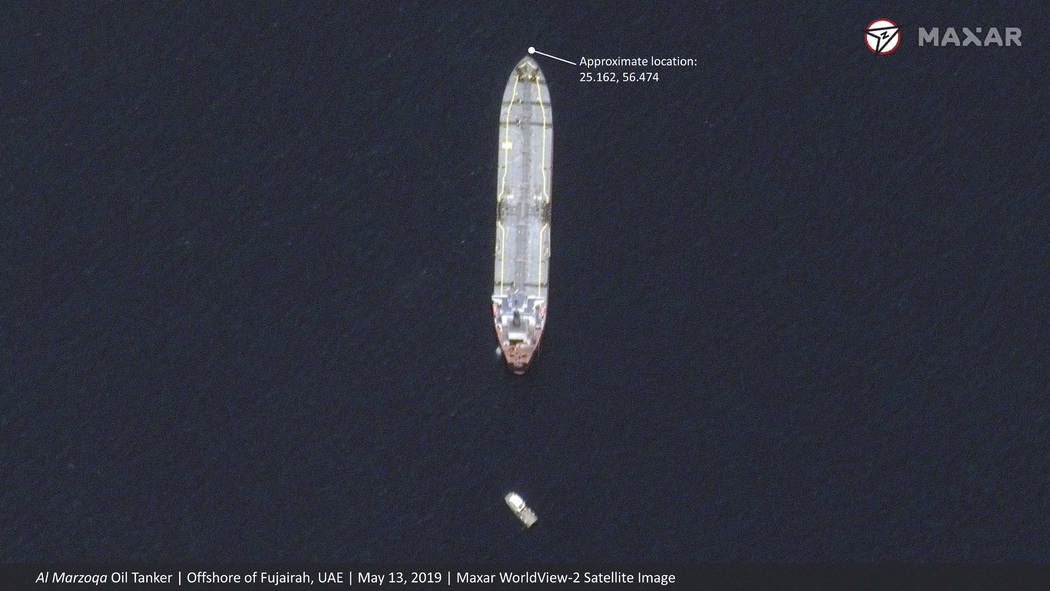 This satellite image provided by Maxar Technologies shows the Saudi-flagged oil tanker Al Marzo ...