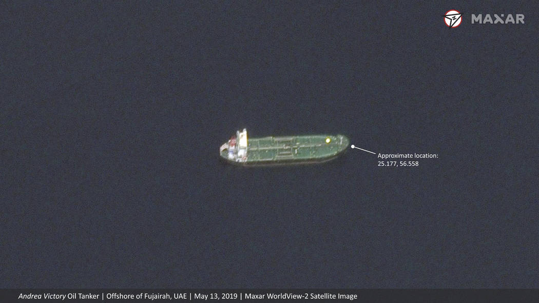 This satellite image provided by Maxar Technologies shows the Norwegian-flagged oil tanker Andr ...