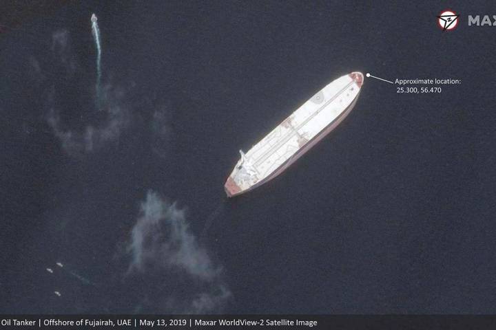 This satellite image provided by Maxar Technologies shows the Saudi-flagged oil tanker Amjad of ...