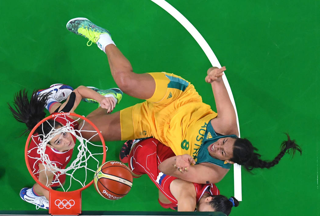 Australia's Elizabeth Cambage (8) shoots against Serbia during a women's basketball game at the ...