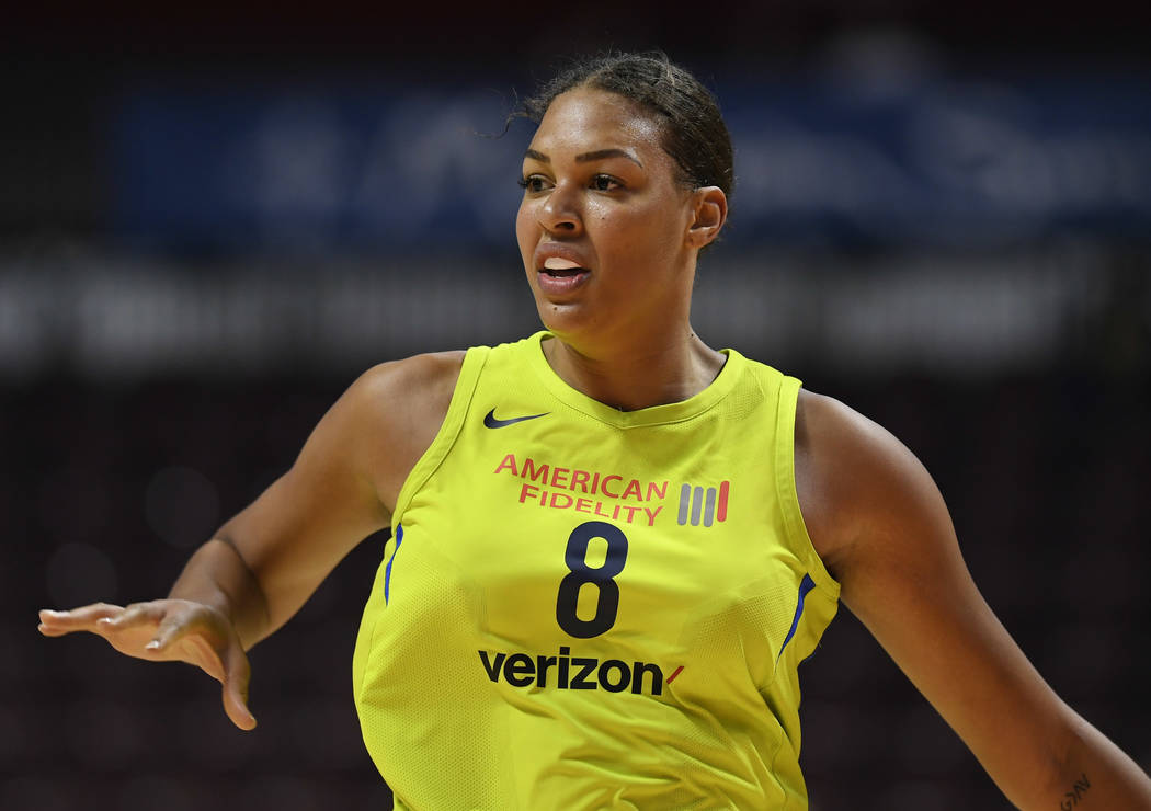 Dallas Wings' Liz Cambage during a preseason WNBA basketball game, Tuesday, May 8, 2018, in Unc ...