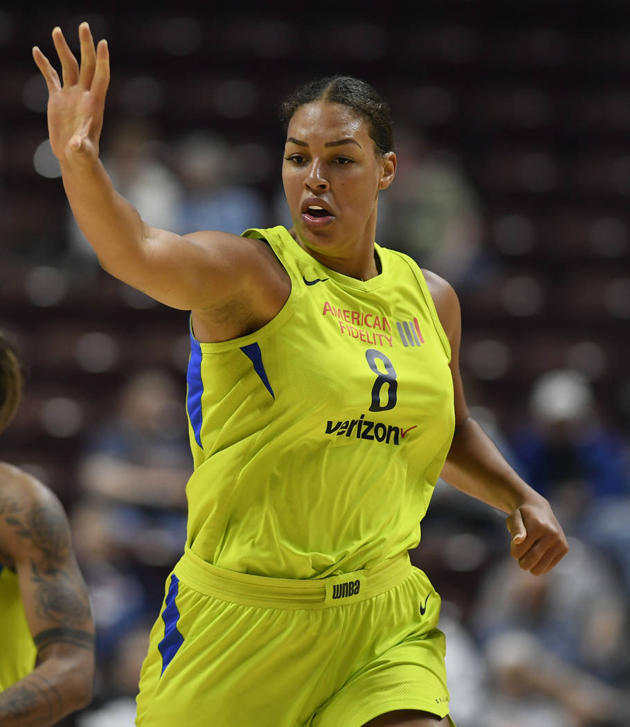 Dallas Wings' Liz Cambage during a preseason WNBA basketball game, Tuesday, May 8, 2018, in Unc ...