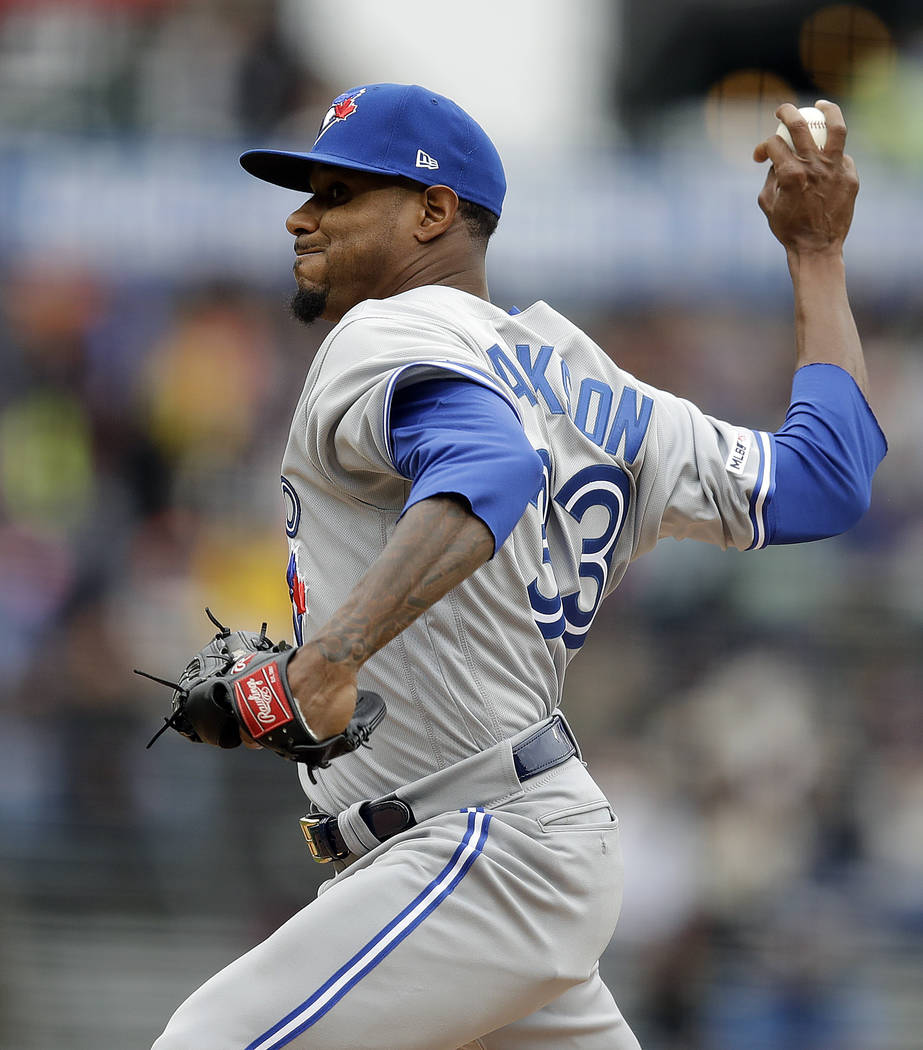 Toronto Blue Jays pitcher Edwin Jackson works against the San Francisco Giants in the first inn ...